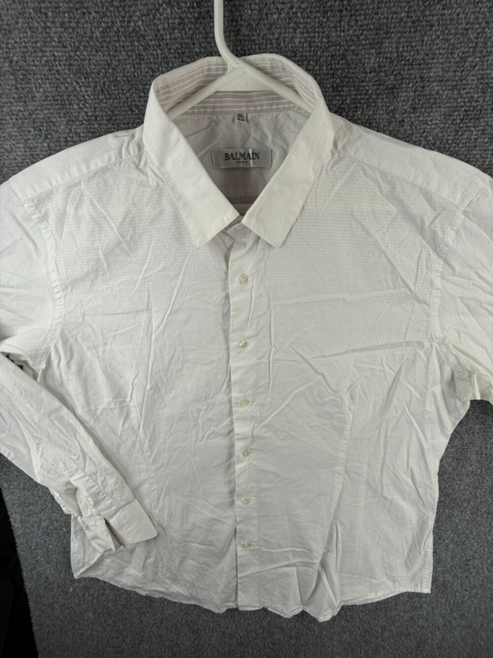 Balmain Men Button Up Long Sleeve Shirt Cotton 2XL White Check Cotton Woven